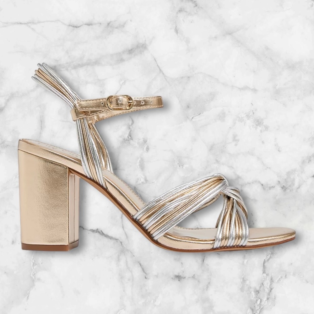 🆕J. Crew Gold Block Heel Sandals with Criss-Cross Straps - Picture 3 of 15